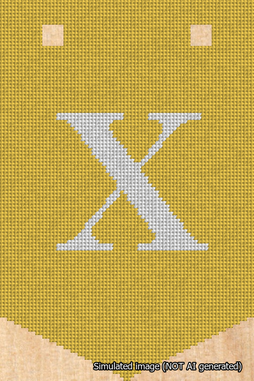A simulated image of the stitched needlepoint design: Banner 18m Pointed X White on Yellow. Not A.I. generated.