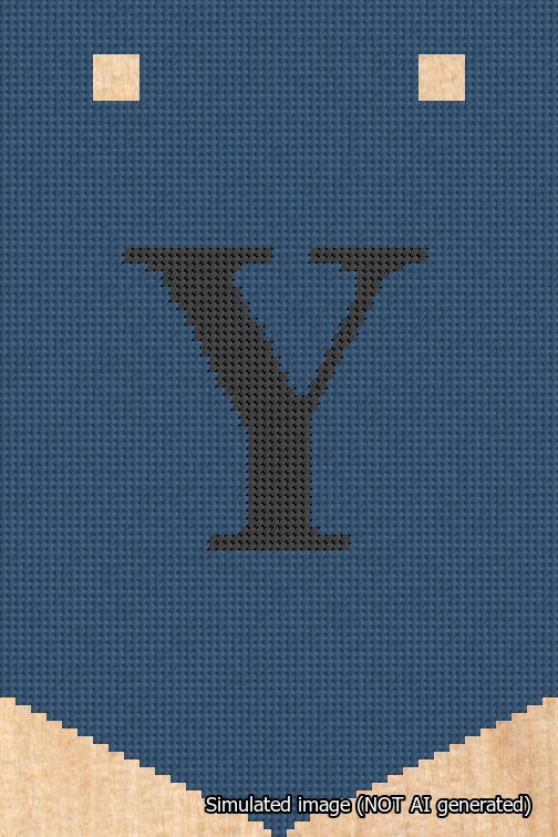 A simulated image of the stitched needlepoint design: Banner 18m Pointed Y Black on Blue. Not A.I. generated.
