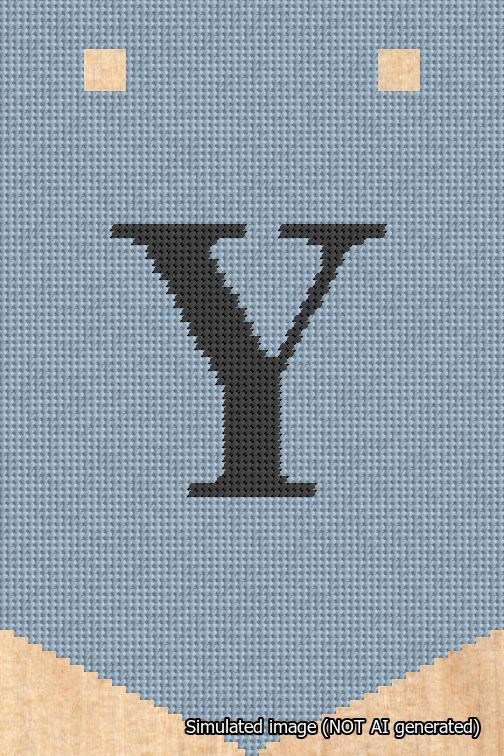 A simulated image of the stitched needlepoint design: Banner 18m Pointed Y Black on Light Blue. Not A.I. generated.