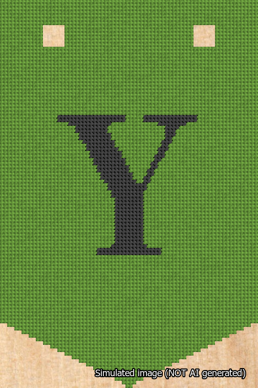A simulated image of the stitched needlepoint design: Banner 18m Pointed Y Black on Light Green. Not A.I. generated.