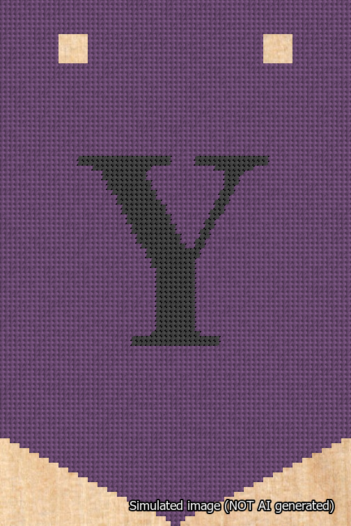 A simulated image of the stitched needlepoint design: Banner 18m Pointed Y Black on Purple. Not A.I. generated.