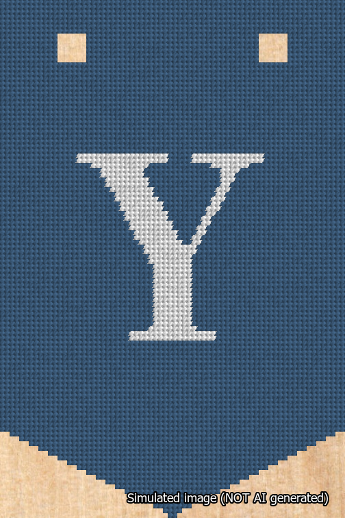 A simulated image of the stitched needlepoint design: Banner 18m Pointed Y White on Blue. Not A.I. generated.