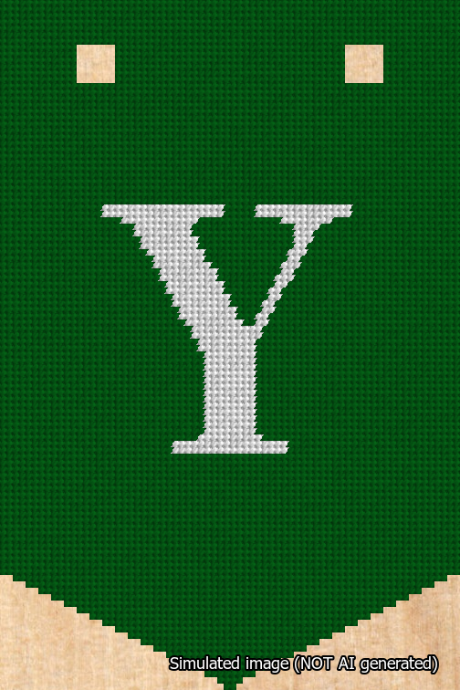 A simulated image of the stitched needlepoint design: Banner 18m Pointed Y White on Green. Not A.I. generated.
