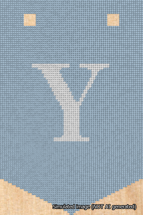 A simulated image of the stitched needlepoint design: Banner 18m Pointed Y White on Light Blue. Not A.I. generated.
