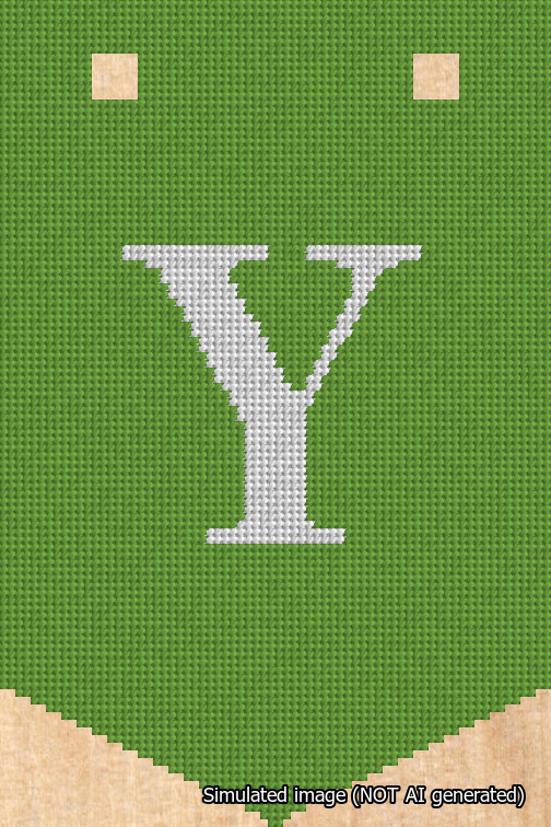 A simulated image of the stitched needlepoint design: Banner 18m Pointed Y White on Light Green. Not A.I. generated.