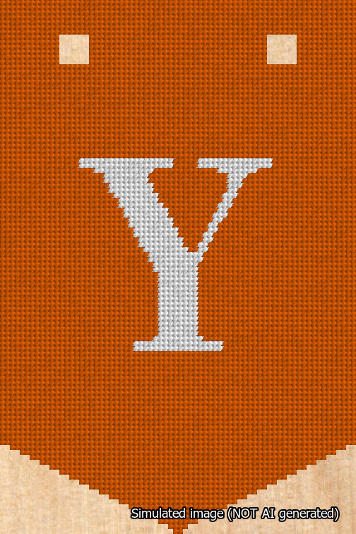 A simulated image of the stitched needlepoint design: Banner 18m Pointed Y White on Orange. Not A.I. generated.