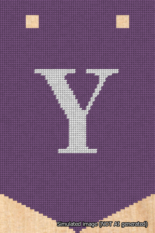 A simulated image of the stitched needlepoint design: Banner 18m Pointed Y White on Purple. Not A.I. generated.