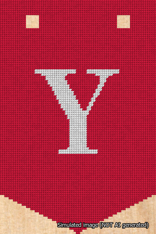 A simulated image of the stitched needlepoint design: Banner 18m Pointed Y White on Red. Not A.I. generated.