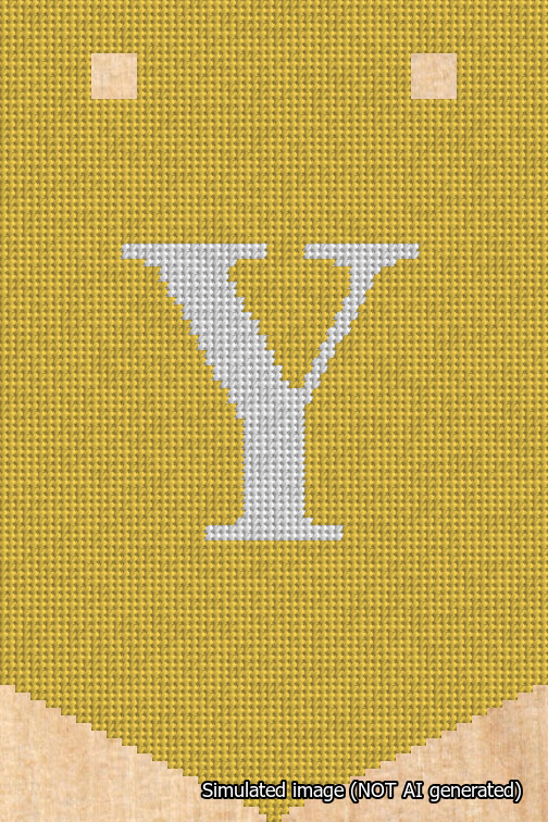 A simulated image of the stitched needlepoint design: Banner 18m Pointed Y White on Yellow. Not A.I. generated.