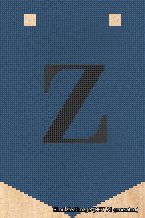 A simulated image of the stitched needlepoint design: Banner 18m Pointed Z Black on Blue. Not A.I. generated.