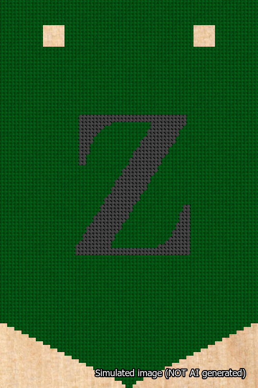 A simulated image of the stitched needlepoint design: Banner 18m Pointed Z Black on Green. Not A.I. generated.