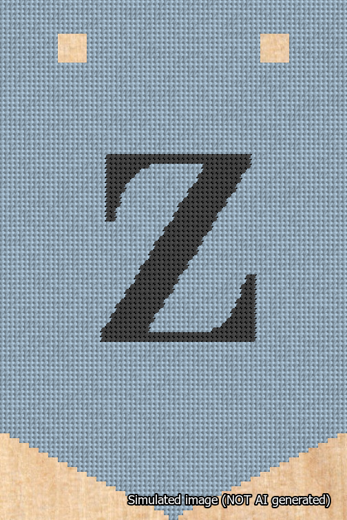 A simulated image of the stitched needlepoint design: Banner 18m Pointed Z Black on Light Blue. Not A.I. generated.