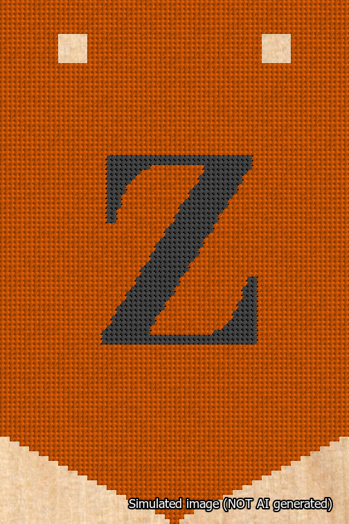 A simulated image of the stitched needlepoint design: Banner 18m Pointed Z Black on Orange. Not A.I. generated.