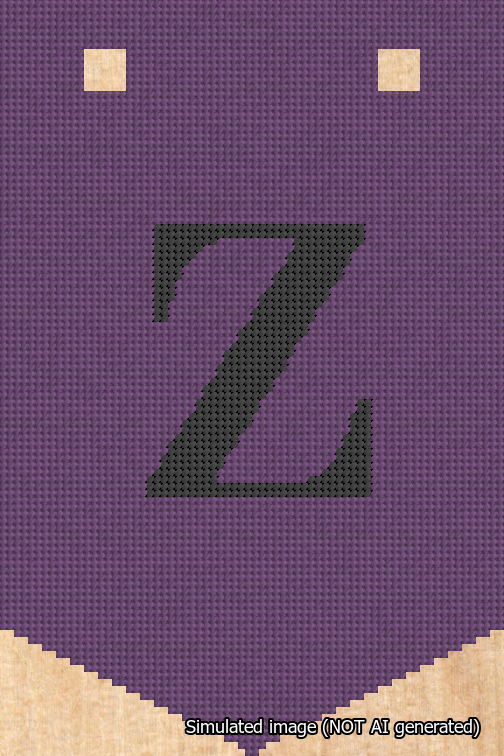 A simulated image of the stitched needlepoint design: Banner 18m Pointed Z Black on Purple. Not A.I. generated.
