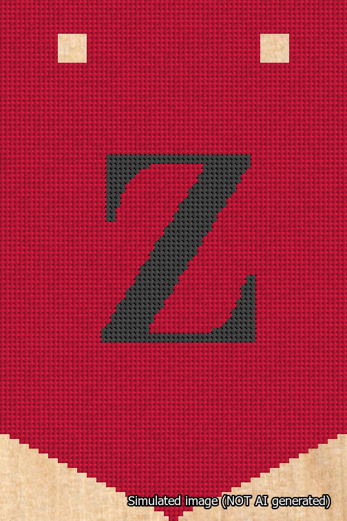 A simulated image of the stitched needlepoint design: Banner 18m Pointed Z Black on Red. Not A.I. generated.