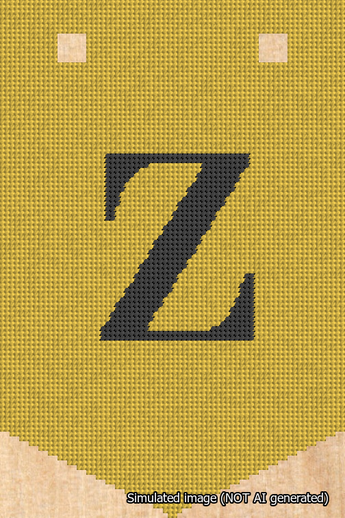 A simulated image of the stitched needlepoint design: Banner 18m Pointed Z Black on Yellow. Not A.I. generated.