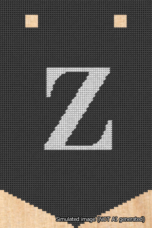 A simulated image of the stitched needlepoint design: Banner 18m Pointed Z White on Black. Not A.I. generated.
