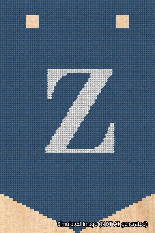 A simulated image of the stitched needlepoint design: Banner 18m Pointed Z White on Blue. Not A.I. generated.