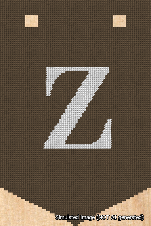 A simulated image of the stitched needlepoint design: Banner 18m Pointed Z White on Brown. Not A.I. generated.