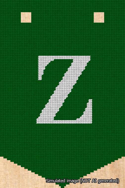 A simulated image of the stitched needlepoint design: Banner 18m Pointed Z White on Green. Not A.I. generated.