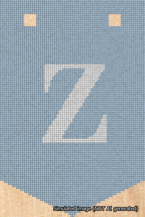 A simulated image of the stitched needlepoint design: Banner 18m Pointed Z White on Light Blue. Not A.I. generated.