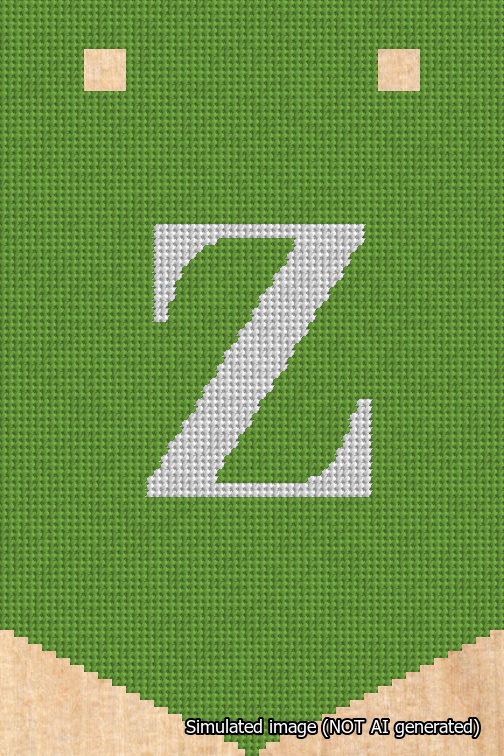 A simulated image of the stitched needlepoint design: Banner 18m Pointed Z White on Light Green. Not A.I. generated.