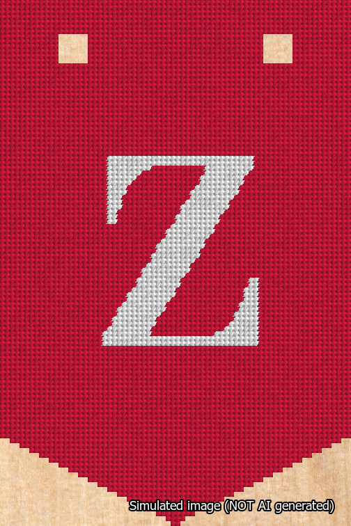 A simulated image of the stitched needlepoint design: Banner 18m Pointed Z White on Red. Not A.I. generated.