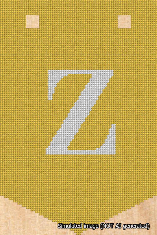 A simulated image of the stitched needlepoint design: Banner 18m Pointed Z White on Yellow. Not A.I. generated.