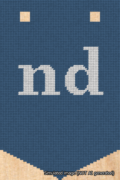 A simulated image of the stitched needlepoint design: Banner 18m Pointed nd White on Blue. Not A.I. generated.