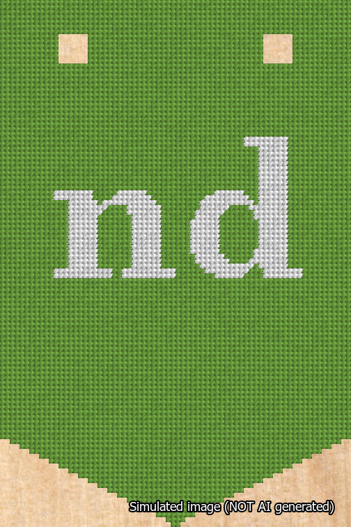 A simulated image of the stitched needlepoint design: Banner 18m Pointed nd White on Light Green. Not A.I. generated.