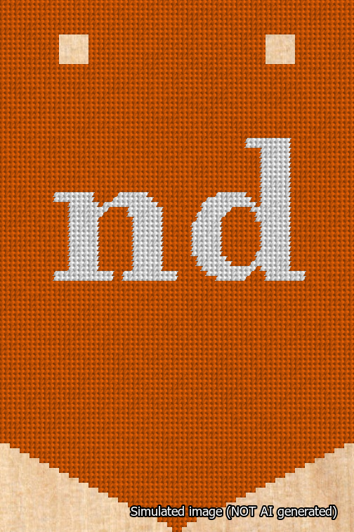 A simulated image of the stitched needlepoint design: Banner 18m Pointed nd White on Orange. Not A.I. generated.