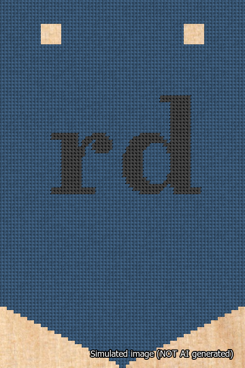 A simulated image of the stitched needlepoint design: Banner 18m Pointed rd Black on Blue. Not A.I. generated.