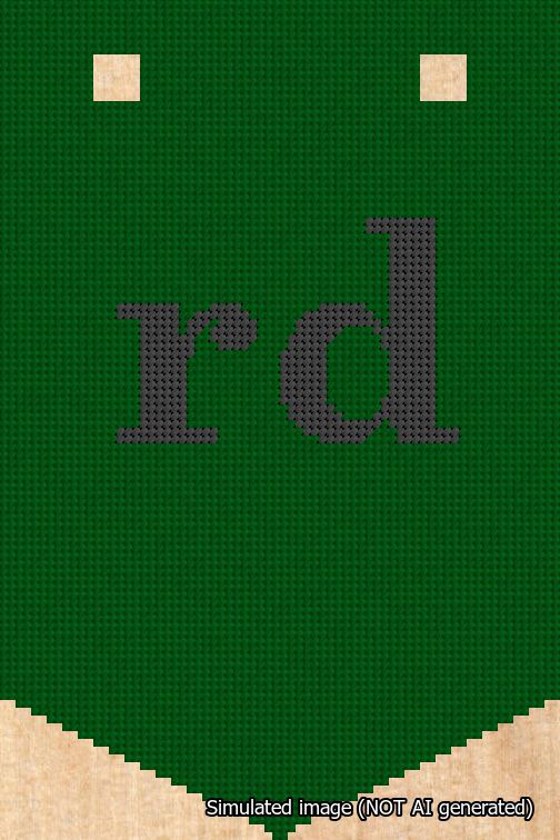 A simulated image of the stitched needlepoint design: Banner 18m Pointed rd Black on Green. Not A.I. generated.