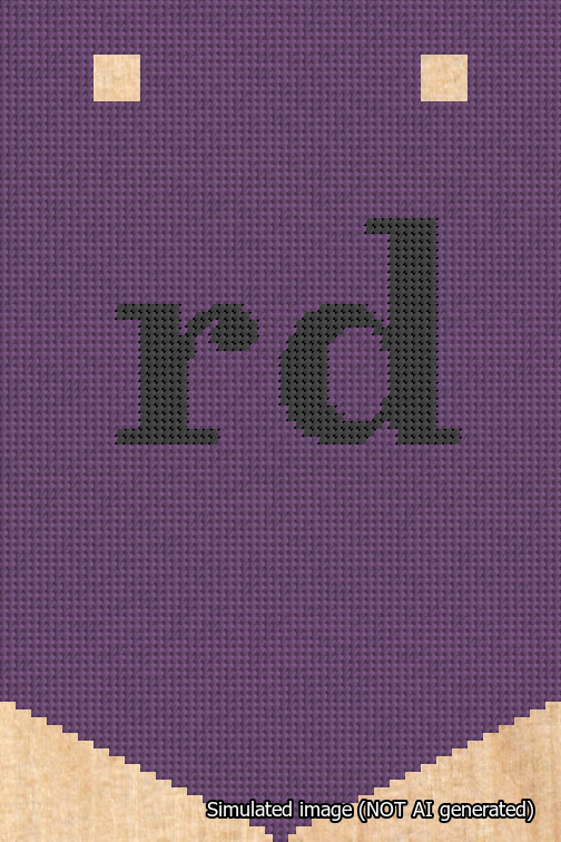 A simulated image of the stitched needlepoint design: Banner 18m Pointed rd Black on Purple. Not A.I. generated.