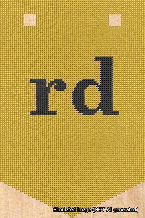 A simulated image of the stitched needlepoint design: Banner 18m Pointed rd Black on Yellow. Not A.I. generated.