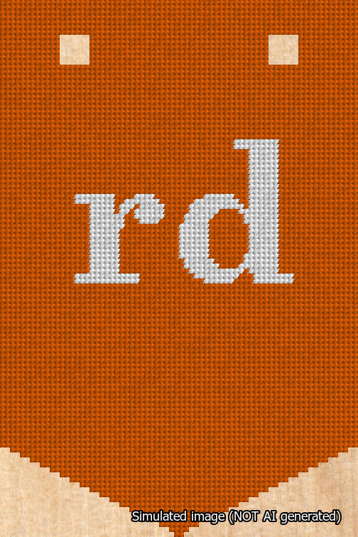 A simulated image of the stitched needlepoint design: Banner 18m Pointed rd White on Orange. Not A.I. generated.