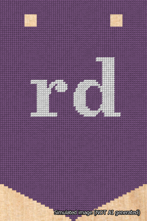 A simulated image of the stitched needlepoint design: Banner 18m Pointed rd White on Purple. Not A.I. generated.