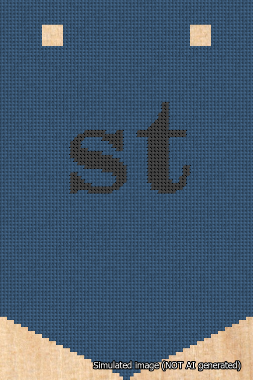 A simulated image of the stitched needlepoint design: Banner 18m Pointed st Black on Blue. Not A.I. generated.