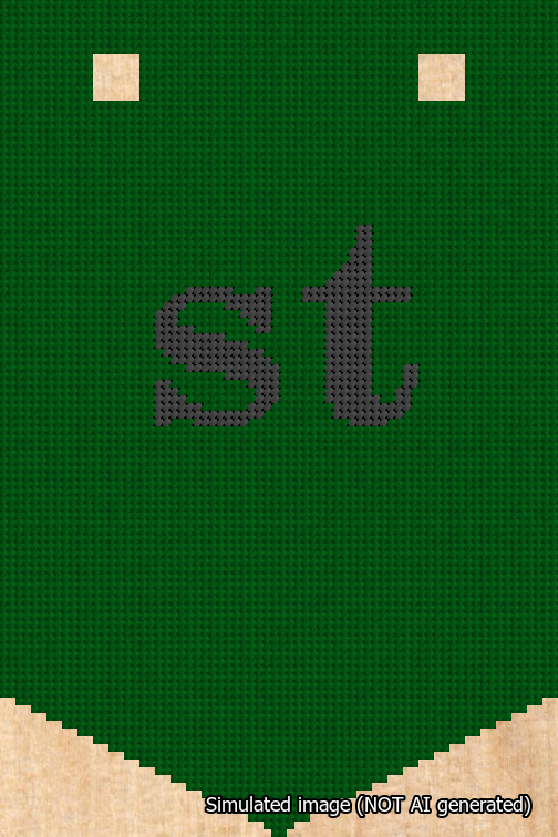 A simulated image of the stitched needlepoint design: Banner 18m Pointed st Black on Green. Not A.I. generated.