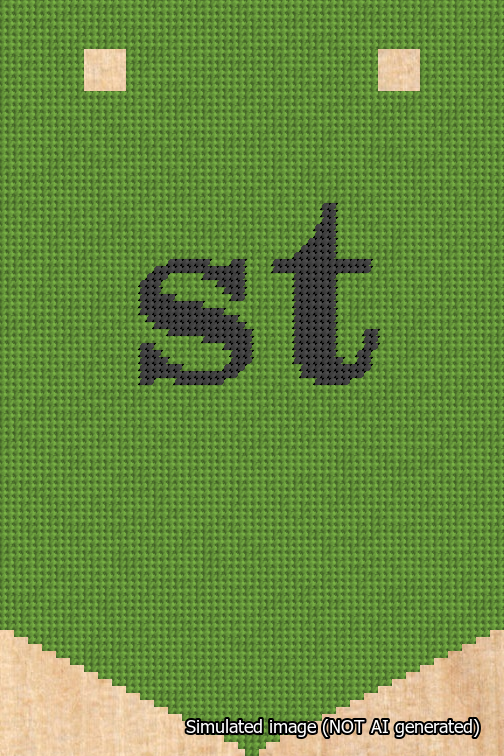 A simulated image of the stitched needlepoint design: Banner 18m Pointed st Black on Light Green. Not A.I. generated.
