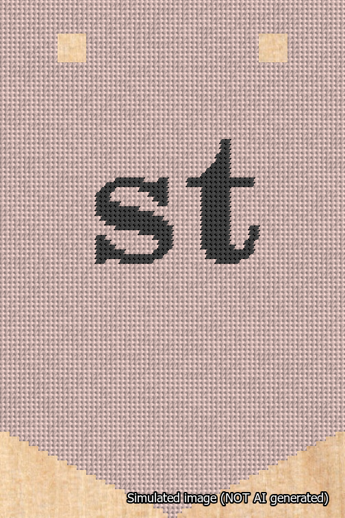 A simulated image of the stitched needlepoint design: Banner 18m Pointed st Black on Pink. Not A.I. generated.