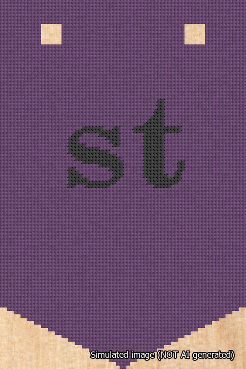 A simulated image of the stitched needlepoint design: Banner 18m Pointed st Black on Purple. Not A.I. generated.