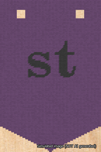 A simulated image of the stitched needlepoint design: Banner 18m Pointed st Black on Purple. Not A.I. generated.