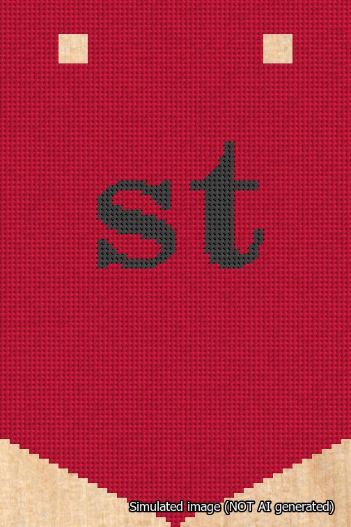A simulated image of the stitched needlepoint design: Banner 18m Pointed st Black on Red. Not A.I. generated.