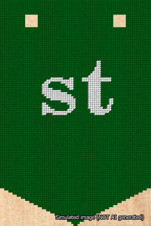 A simulated image of the stitched needlepoint design: Banner 18m Pointed st White on Green. Not A.I. generated.