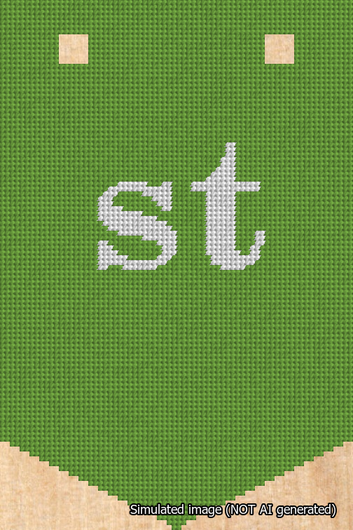 A simulated image of the stitched needlepoint design: Banner 18m Pointed st White on Light Green. Not A.I. generated.
