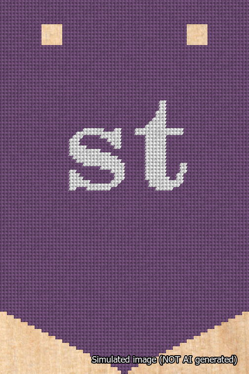 A simulated image of the stitched needlepoint design: Banner 18m Pointed st White on Purple. Not A.I. generated.