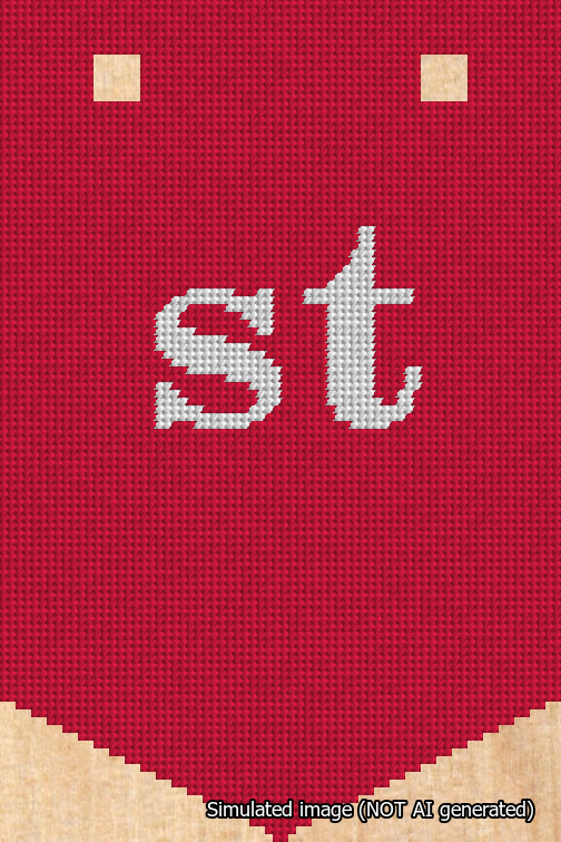 A simulated image of the stitched needlepoint design: Banner 18m Pointed st White on Red. Not A.I. generated.