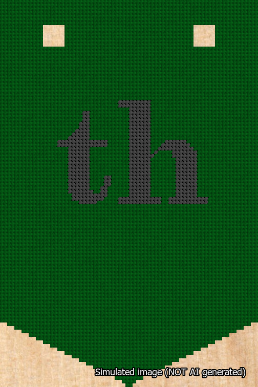 A simulated image of the stitched needlepoint design: Banner 18m Pointed th Black on Green. Not A.I. generated.