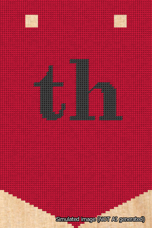 A simulated image of the stitched needlepoint design: Banner 18m Pointed th Black on Red. Not A.I. generated.